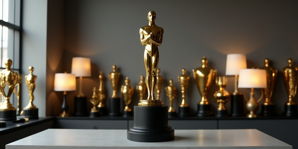 a golden statue is on a black pedestal in front of many other trophies and lamps in a room with gray