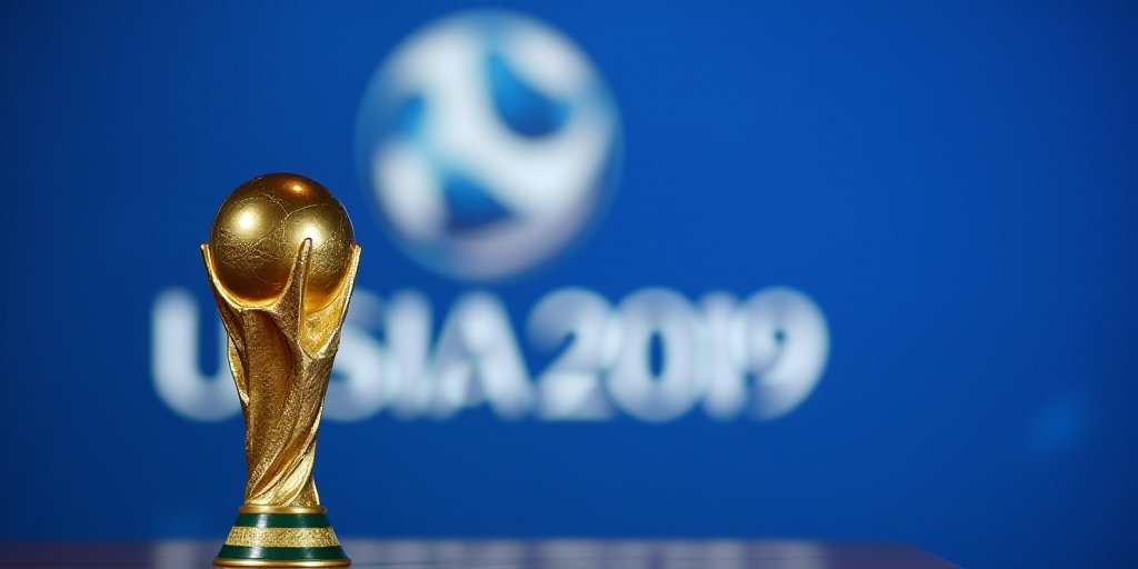 a golden trophy is shown in front of a blue background with a white logo behind it and a blue backgr