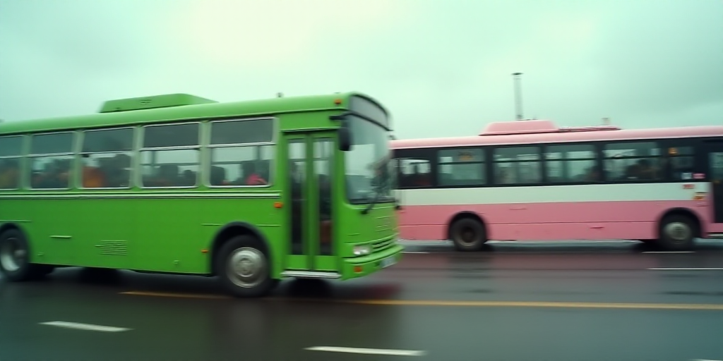 a green and pink bus parked next to a white bus on a street with other buses behind it and a cloudy