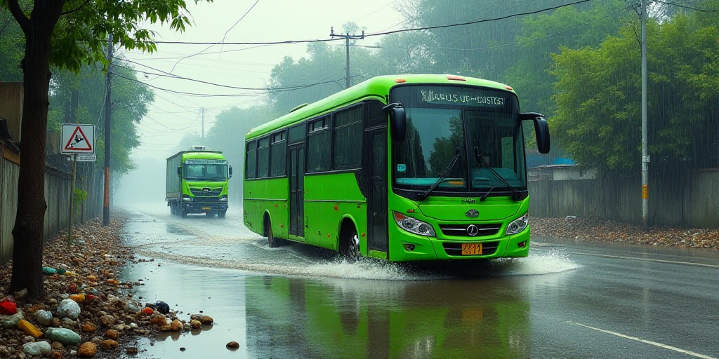 a green bus driving through a flooded street next to a green truck and a pile of trash on the side o
