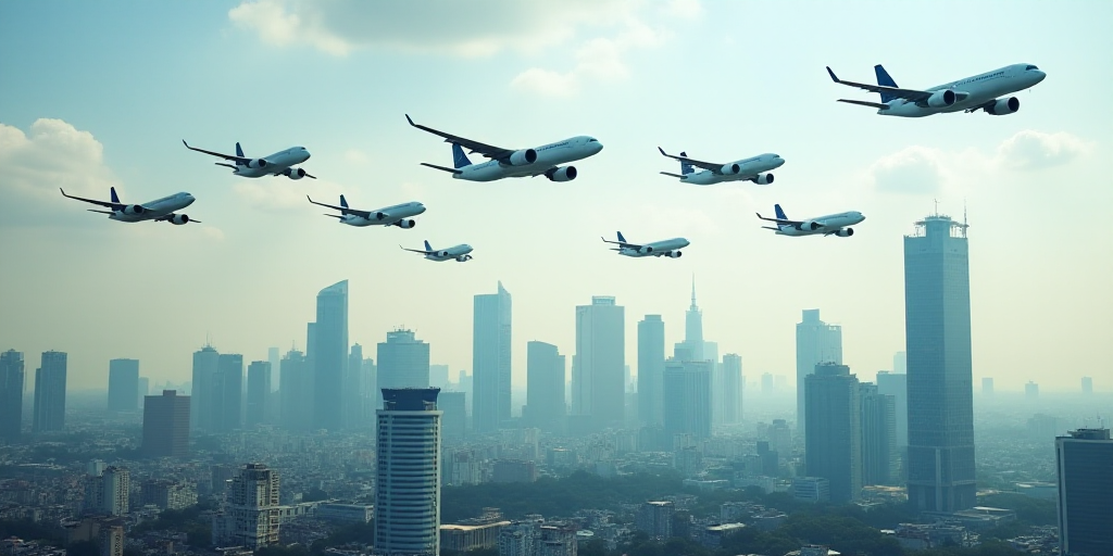 a group of airplanes flying over a city skyline with tall buildings in the background and a few jets