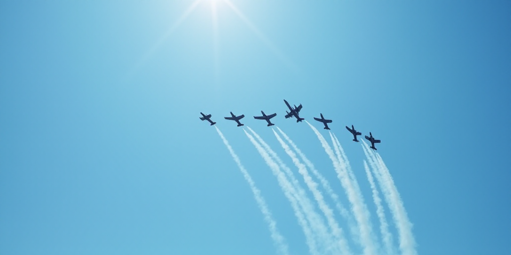 a group of airplanes flying through a blue sky with smoke coming out of them and leaving trails of s