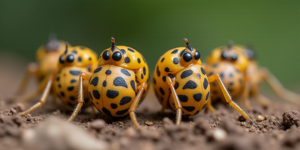 a group of bugs that are standing together in the dirt together, with black dots on the wings and th