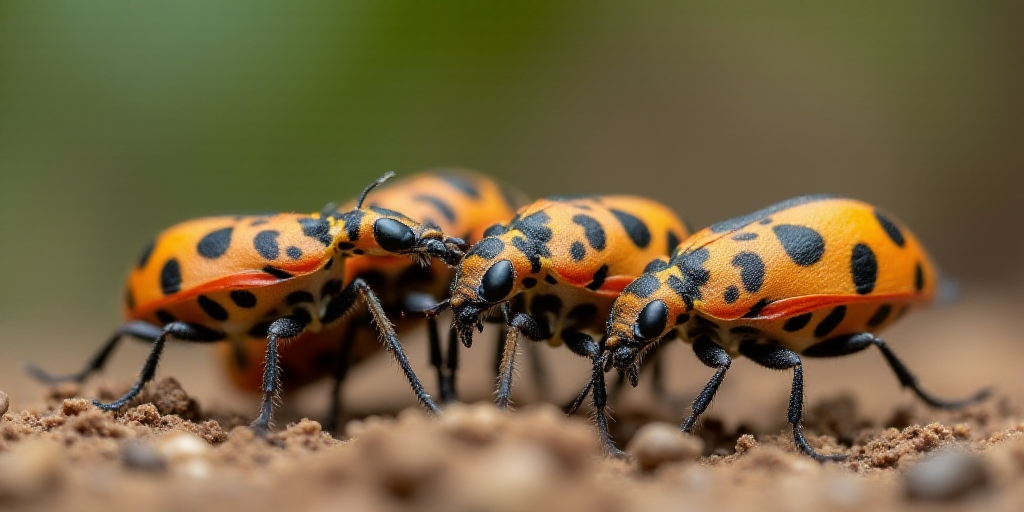 a group of bugs that are standing together in the dirt together, with black dots on the wings and th