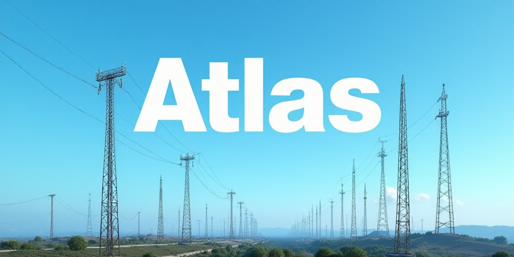 a group of cell towers with the word atlas above them and the word atlas above them in a blue sky, A
