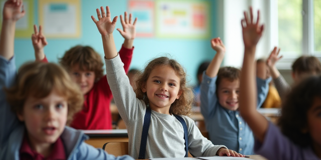 a group of children sitting at desks in a classroom with their hands up in the air and one child rai
