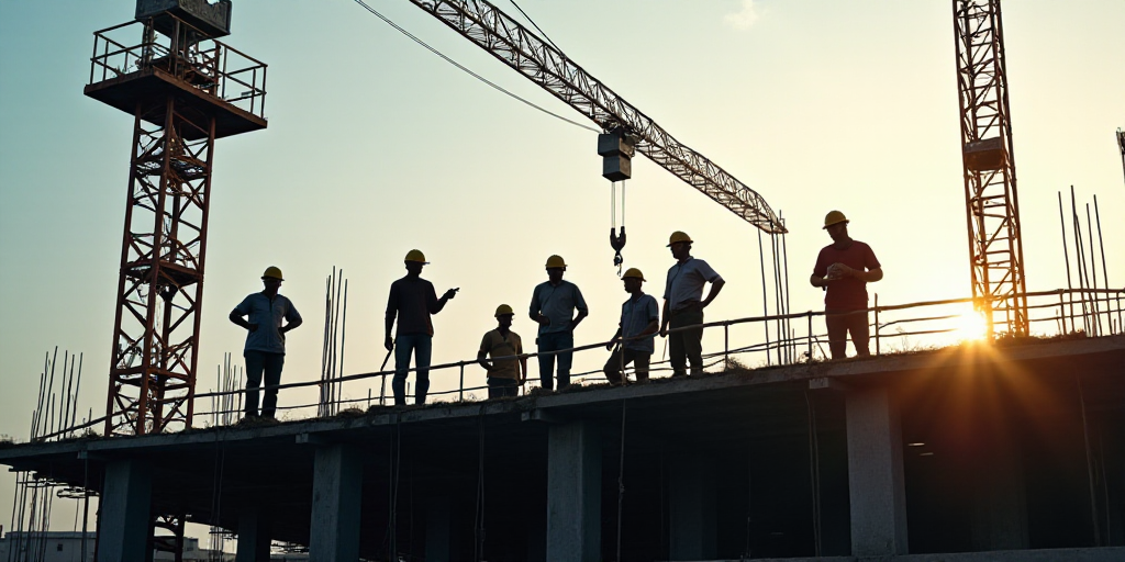 a group of construction workers working on a building site with a crane in the foreground and a cons