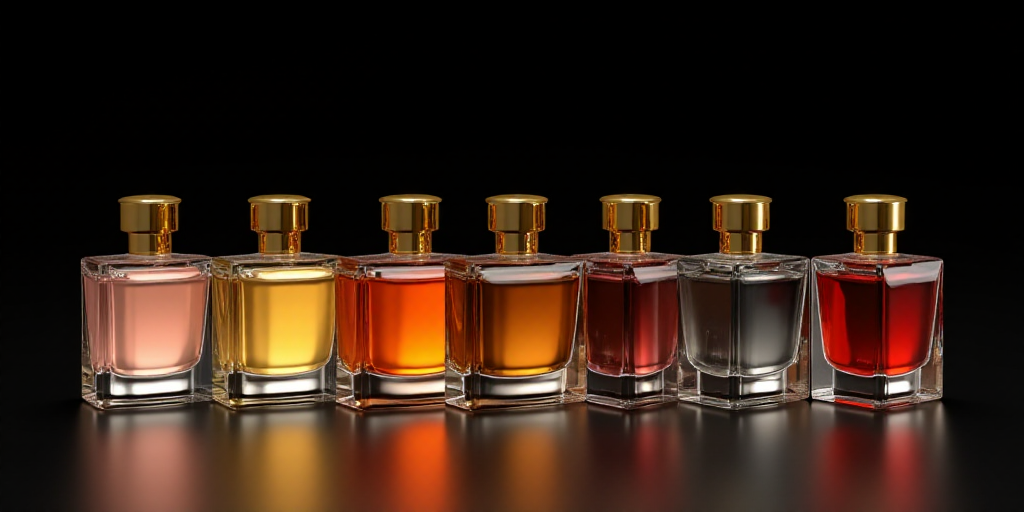 a group of different colored bottles of perfumes on display together in a row on a table top with a