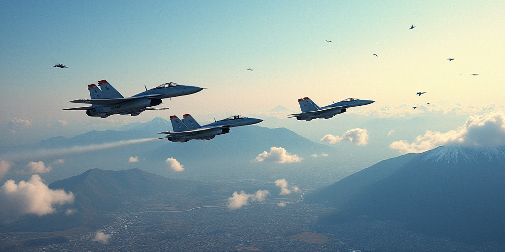 a group of fighter jets flying in formation in the sky above a city and mountains in the background,