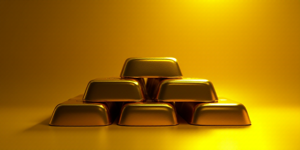 a group of gold bars sitting on top of each other in front of a yellow background with a black backg