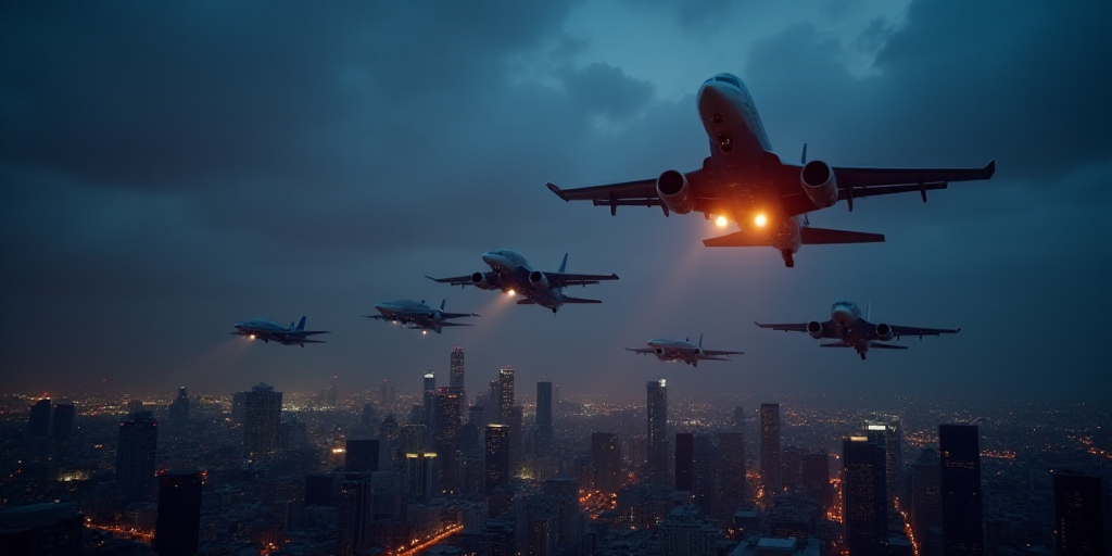 a group of jets flying over a city at night time with lights on the buildings and the sky in the bac