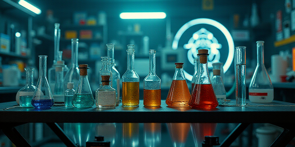 a group of laboratory equipment sitting on top of a table next to a logo of a company that sells che