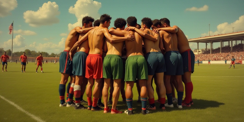 a group of men are huddled together in a huddle on the field of a soccer field, with one man holding