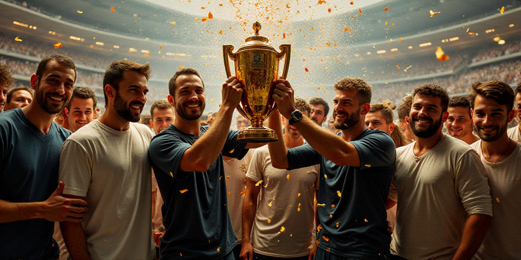 a group of men holding a trophy in front of a crowd of people with confetti in their hands, Edi Rama
