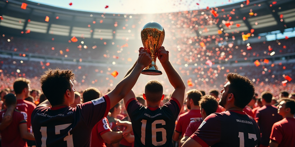 a group of men holding up a trophy in front of a crowd of people with confetti on their heads, Cefer