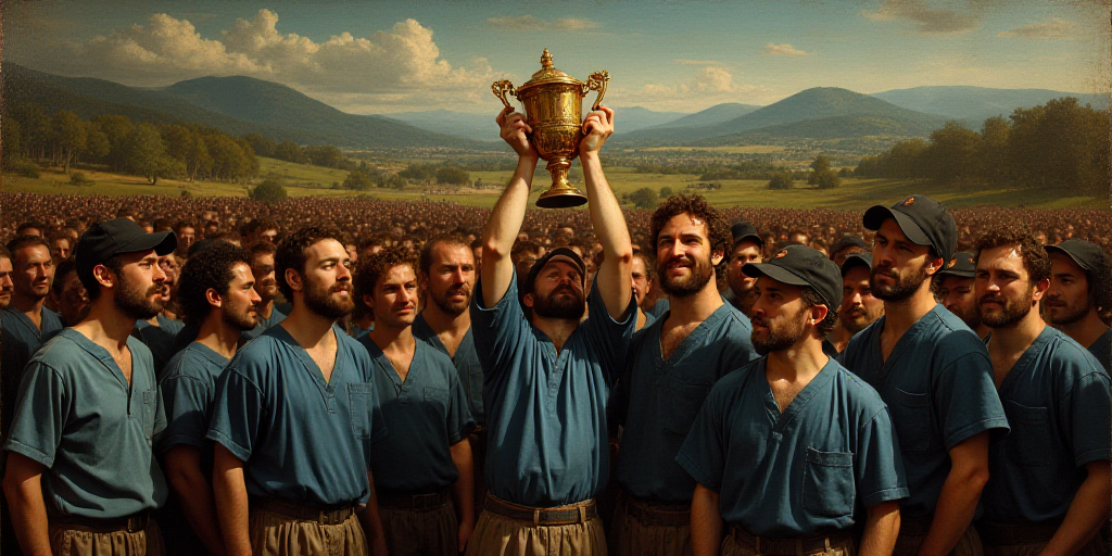 a group of men holding up a trophy in front of a crowd of people wearing blue shirts and black caps,