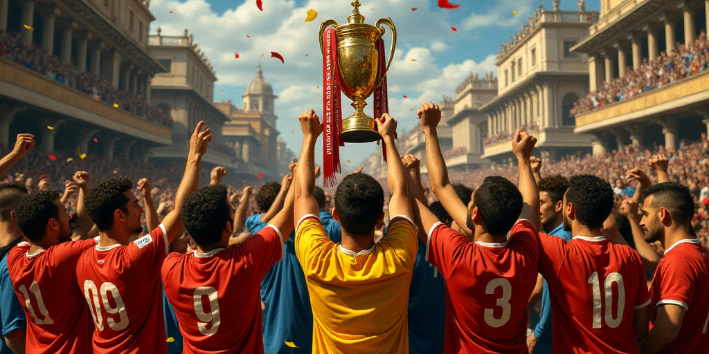 a group of men holding up a trophy in front of a crowd of people with confetti on them, Diego Veláz