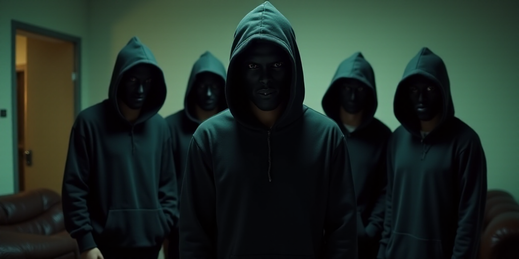 a group of men in black hoods and masks standing in a room with a couch and a door, Estuardo Maldona