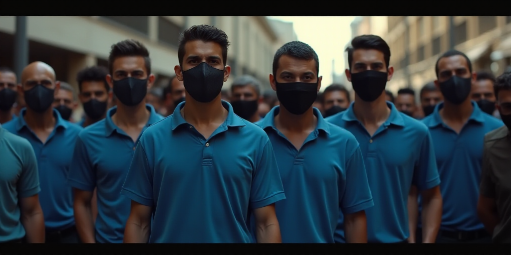 a group of men in blue shirts and black masks standing next to each other in a crowd of people, Eddi