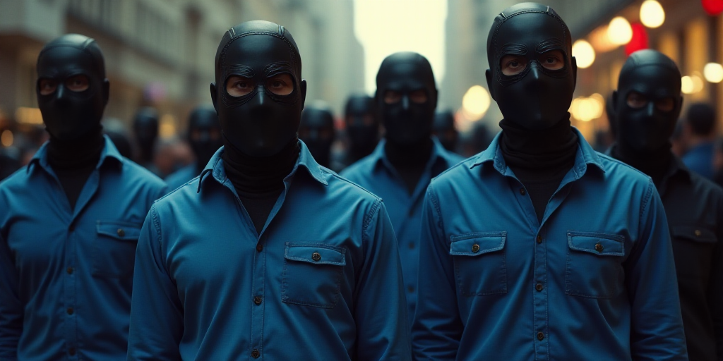 a group of men in blue shirts and black masks standing next to each other in a crowd of people, Eddi