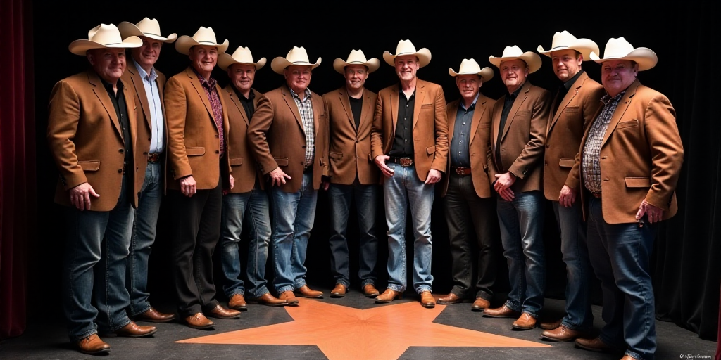 a group of men in cowboy hats standing next to each other on a stage with a star on it, Elbridge Aye