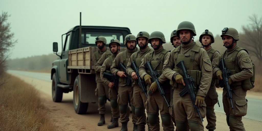 a group of men in military gear standing next to a truck with a gun in the back of it, Estuardo Mald