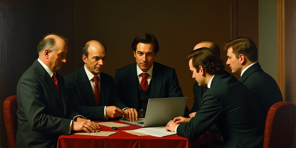 a group of men in suits and ties sitting around a table with a laptop computer on it and a man in a