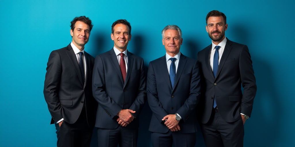 a group of men in suits and ties posing for a picture together in front of a blue wall with a blue b