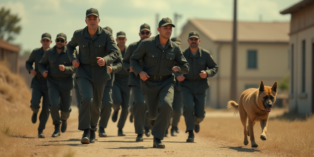a group of men in uniform are running in a line with a dog in the background and a building in the b