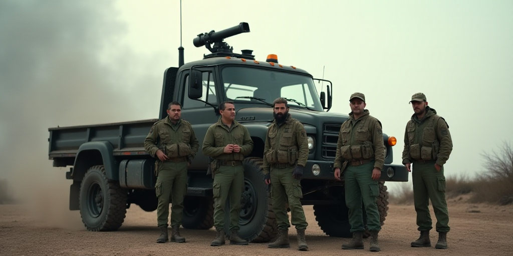 a group of men in uniform standing next to a truck with a camera on top of it and a camera on the ba