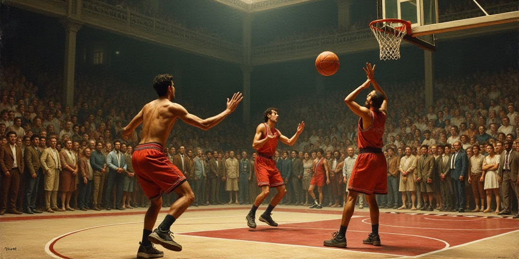 a group of men playing a game of basketball on a court with a crowd watching them from the stands, D