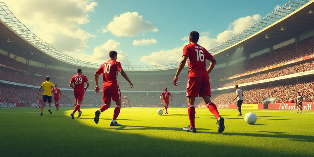 a group of men playing a game of soccer on a field with a crowd watching them from the stands, Berna