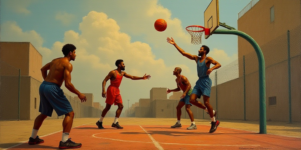 a group of men playing a game of basketball on a court with a hoop in the air and a basketball in th