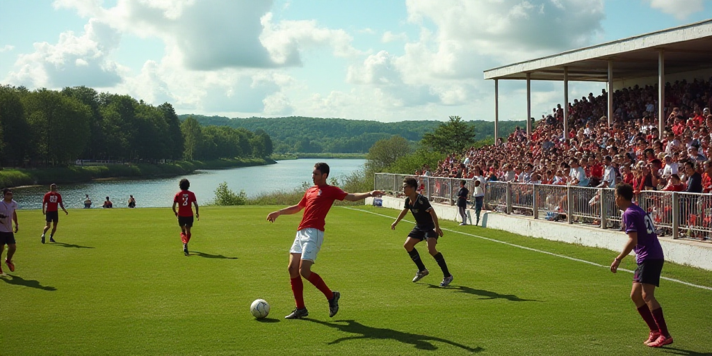 a group of men playing a game of soccer on a field with a crowd watching them from the stands, Carlo