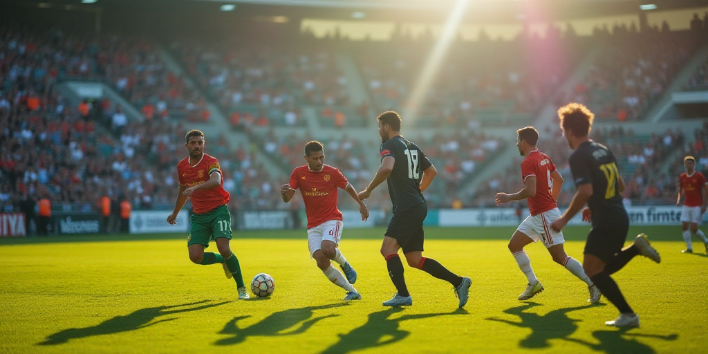 a group of men playing a game of soccer on a field with a crowd watching them from the stands, Feder