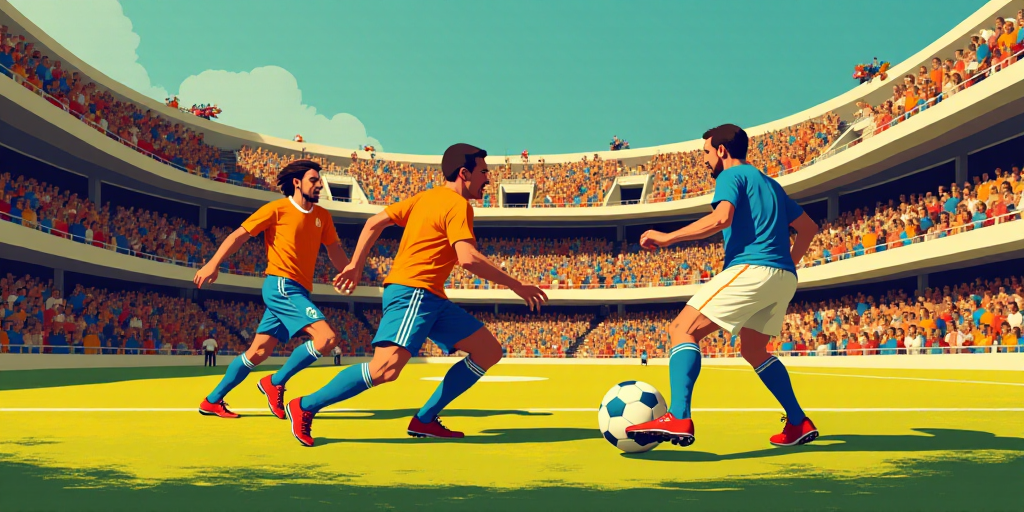 a group of men playing a game of soccer on a field with a crowd watching them from the stands, Bogi
