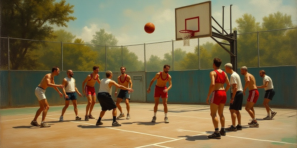 a group of men playing a game of basketball on a court with a net in front of them and a basketball