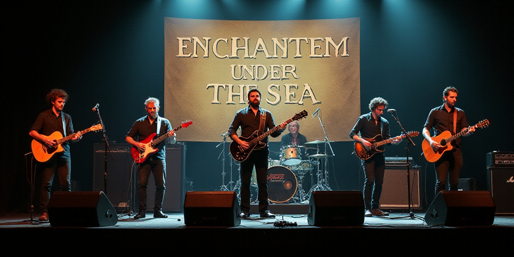 a group of men playing instruments on stage with a banner in the background that says enchantem unde
