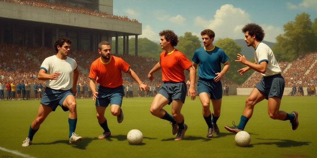 a group of men playing soccer on a field with a crowd watching them from the stands and a crowd watc