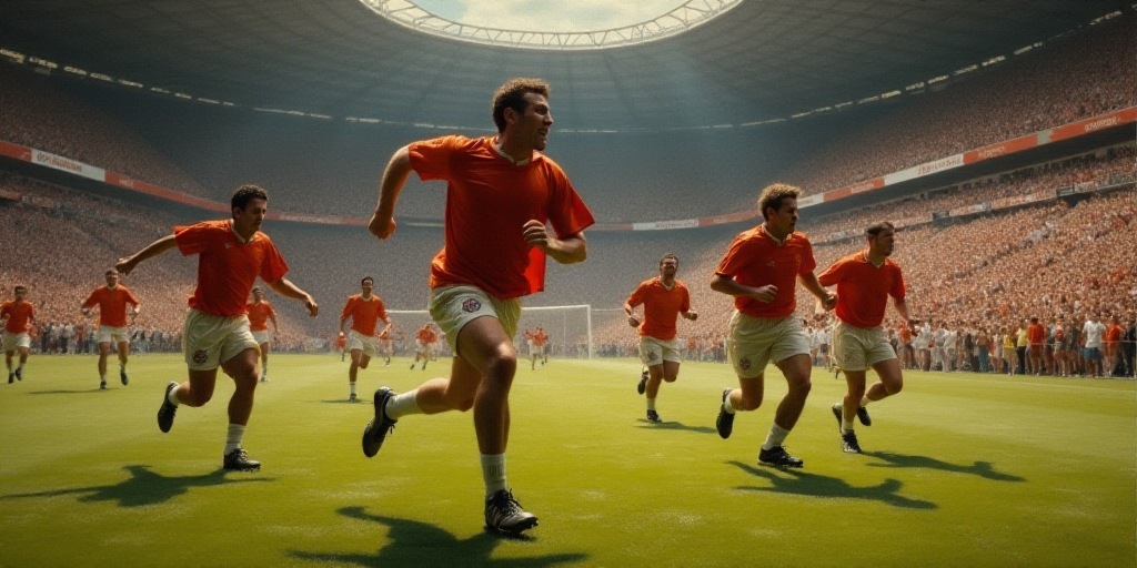 a group of men running on a field during a game of soccer with a crowd watching them from the stands