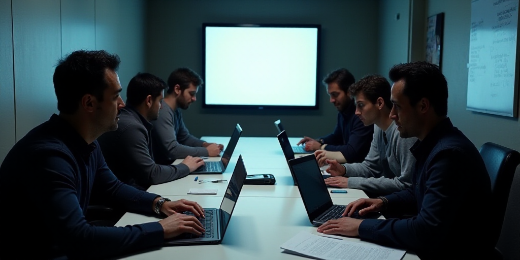 a group of men sitting around a table with laptops and papers on it, with a screen in the background
