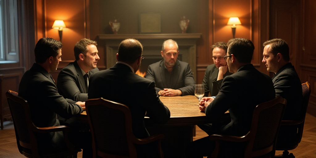 a group of men sitting around a table in a room with chairs and lamps on the walls and a fire place,