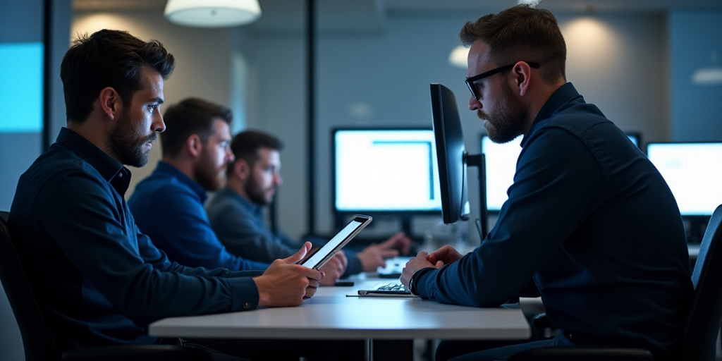 a group of men sitting at a computer desk with monitors on the wall behind them and a man holding a