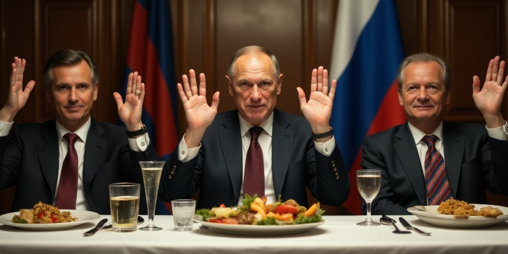 a group of men sitting at a table with food on it and a microphone in front of them with their hands
