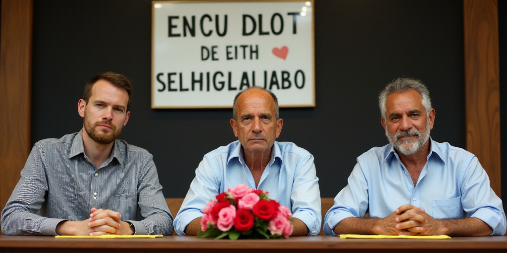 a group of men sitting at a table with flowers in front of them and a sign behind them that says,, E