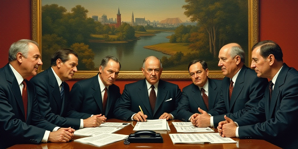 a group of men sitting at a table with papers and a phone in front of them and a painting behind the