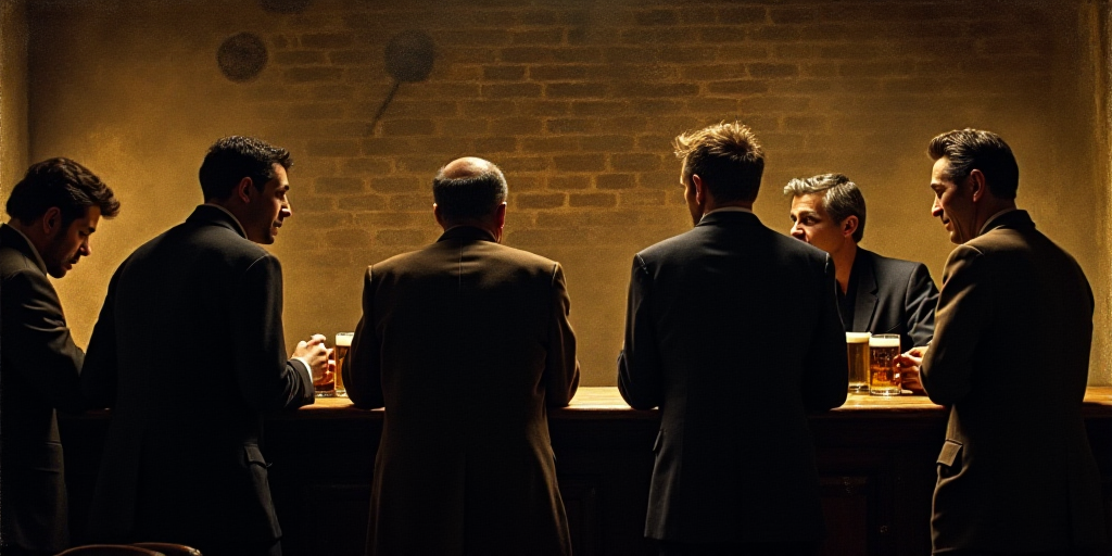 a group of men standing around a bar talking to each other and drinking beer in a pub or bar, Clyffo