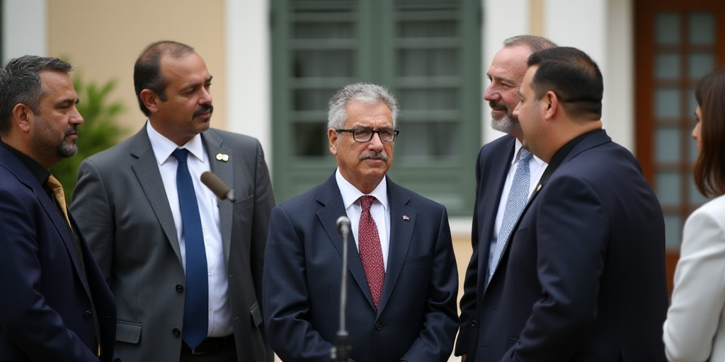 a group of men standing around each other in front of a building with a microphone in front of them,