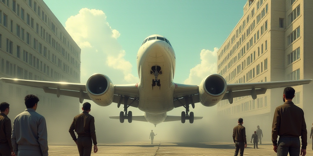 a group of men standing around a plane that is in the air with a building in the background and a bu