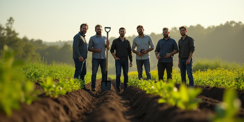 a group of men standing in a field with a shovel and a shovel in hand, and a row of young plants, De
